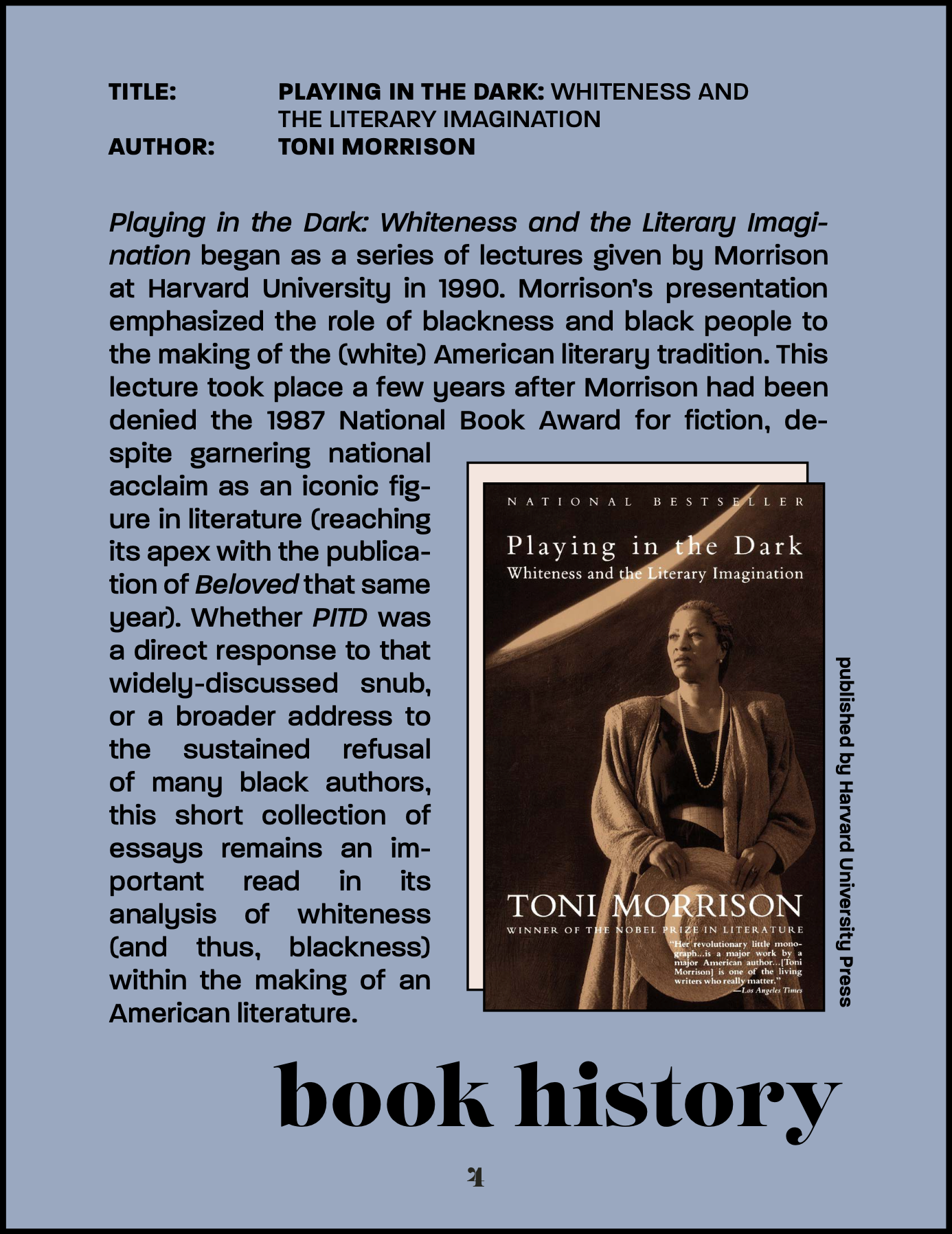 Spring '21 Exploration Track Syllabus - Playing in the Dark: Whiteness and the Literary Imagination